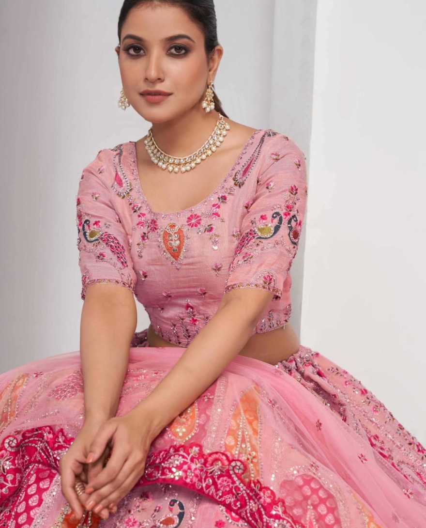 484pink - Elegant Rose Pink Silk Lehenga Choli with Peacock & Paisley Motifs